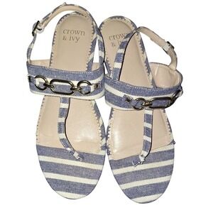 CROWN & IVY STRIPED BLUE White NAUTICAL VIBES SANDALS 9 1/2 Summer Coastal Beach